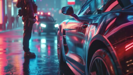 Neon lights bathe the scene as a figure clad in tactical gear approaches a sleek sports car under a rainy, urban nightscape, embodying a high-octane, futuristic vibe