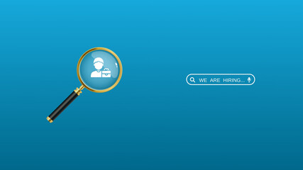 We're hiring a red vector banner.  Employee vacancy announcement with a Magnifying Glass on a blue...