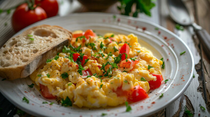 Traditional bulgarian scrambled eggs with fresh tomatoes