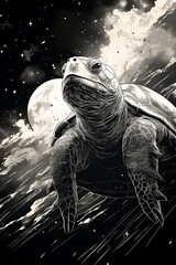 A black and white drawing of a turtle floating through space, surrounded by cosmic elements. The turtle is depicted in intricate detail, capturing its shell and distinct features