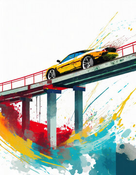 Abstract watercolor background with a yellow sports car on bridge. Hand drawn illustration for t-shirt design.