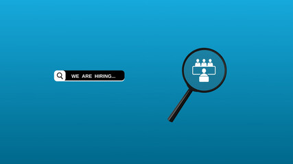We're hiring a red vector banner.  Employee vacancy announcement with a Magnifying Glass on a blue background.
