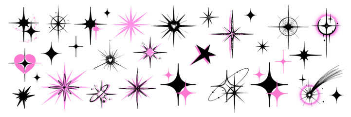 Doodle star icon vector set, cute cosmic magic sketch element, shiny y2k sticker print collection. Shiny stardust celestial scribble, simple abstract girly decoration kit. Doodle star night symbol
