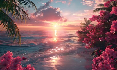 Romance concept with Heavenly Sunrise Beach. Tropical Holiday Scene