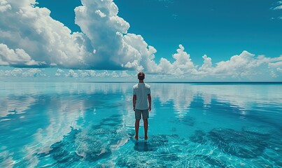 a man standing in the middle of the ocean looking up at a blue sky with clouds. - Powered by Adobe