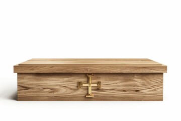 Simple yet elegant wooden box with a golden cross lock mechanism, isolated on a white background. Simple Wooden Box with Cross Lock Mechanism