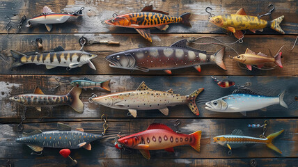 fishing fish shiny wobblers on a wooden background - obrazy, fototapety, plakaty