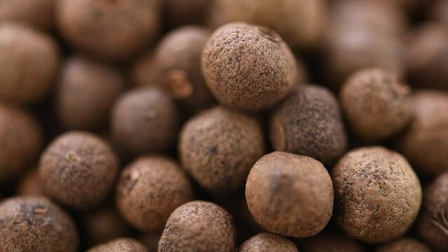 Pile of allspice, black peppercorn background. Jamaica pepper, allspice peppercorns or myrtle pepper backdrop, close up. Aromatic seasoning Pepper peas top view. Slow motion