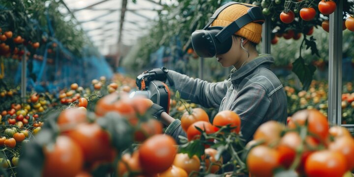A farmer wearing a VR headset monitors and controls tomato growth