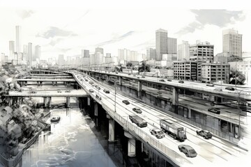 Fototapeta premium An aerial perspective of vehicles crossing a bridge over a river in a cityscape