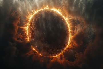 mystical glowing planet surrounded by fiery light amidst dark clouds - obrazy, fototapety, plakaty