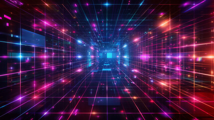Vibrant abstract neon tunnel with a futuristic digital grid
