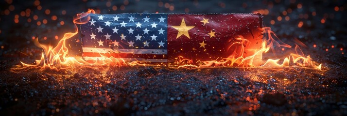 Symbolic clash: USA versus China flag engulfed in flames - obrazy, fototapety, plakaty
