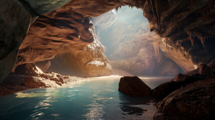 beautiful cave with a river - obrazy, fototapety, plakaty