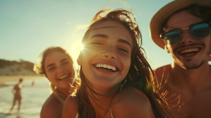 Photo capturing the pure joy and infectious smiles of a group of friends basking in the warm glow of the sun on a pristine beach day