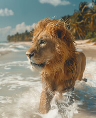 Imposing Lion running along a paradisiacal beach - obrazy, fototapety, plakaty