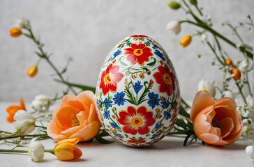 Easter Egg in ornaments on a light background with flowers. Congratulations and gifts for Easter