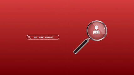 We're hiring a red vector banner.  Employee vacancy announcement with a Magnifying Glass on a red background.