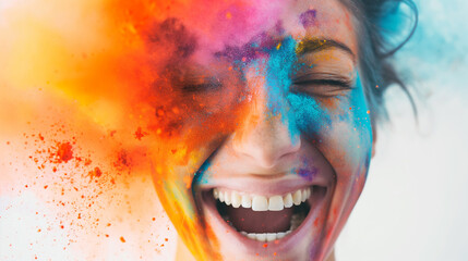 Portrait of a laughing young girl with exploding colored dry powder
