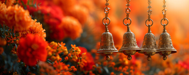 Buddhist golden bell hanging on festival background with orange marigold flowers. Ritual hand bell in Buddhist temple. Diwali, Ugadi or Gudi Padwa Indian festival decoration - obrazy, fototapety, plakaty