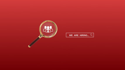 We're hiring a red vector banner.  Employee vacancy announcement with a Magnifying Glass on a red...