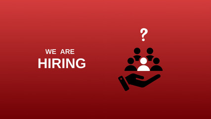 We're hiring a red vector banner.  Employee vacancy announcement with a Magnifying Glass on a red background.