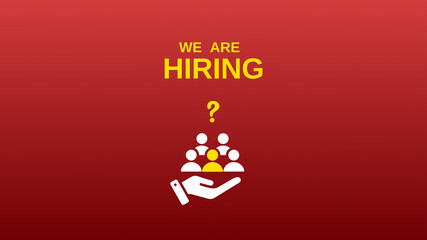 We're hiring a red vector banner.  Employee vacancy announcement with a Magnifying Glass on a red background.