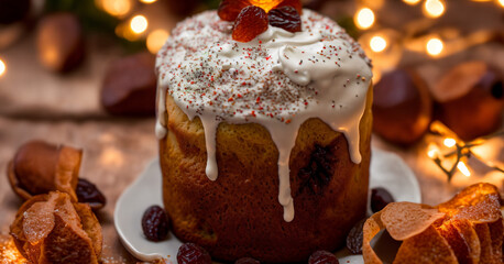 Professional Kulich (Pasha, Paska) culinary photo, dried fruit sprinkles, ai generated