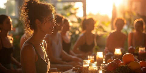A post-yoga session in a luminous studio, where a mixed ethnicities group of practitioners gather around a table with glass jars of homemade granola, copy space