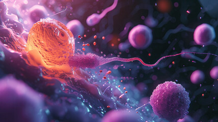 Microscopic view of a sperm approaching an egg concept - obrazy, fototapety, plakaty
