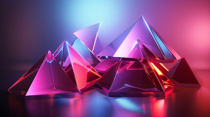 Vibrant geometric shapes with neon purple and pink lights.