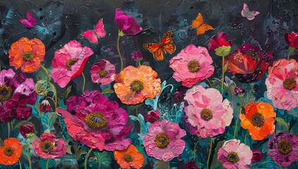 Colorful painting of flowers in the style of impressionist art. The background is dark and vibrant, with a focus on pink, red, and orange poppies and butterflies