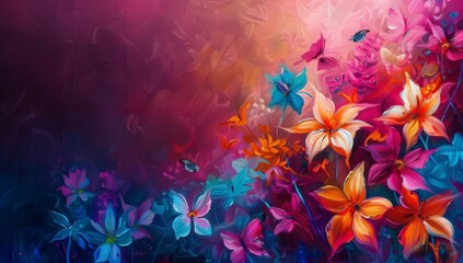 Fototapeta na wymiar Colorful painting of flowers in the style of impressionist art. The background is dark and vibrant, with a focus on pink, red, and orange poppies and butterflies