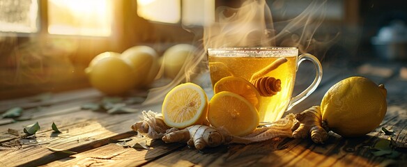 a cup of tea with lemons and honey
