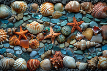 A mosaic of sea glass and shells, arranged to mimic the colors and textures of the ocean. Concept...