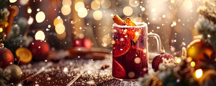 a glass of mulled wine with oranges and cinnamon sticks