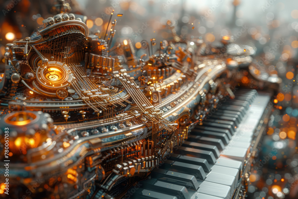 Poster an amalgamation of musical notes and instruments, symbolizing the harmony and rhythm of music. conce
