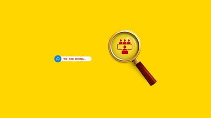 We are Hiring a design with a Magnifying Glass on a yellow background. Minimal we are hiring background. 
