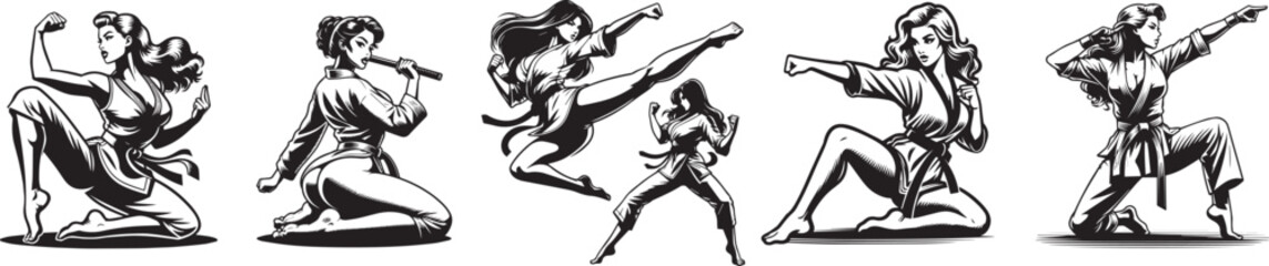 pin up girls in various karate poses vector set © Luka