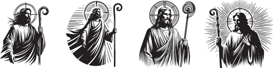 jesus christ  with staff vector black and white