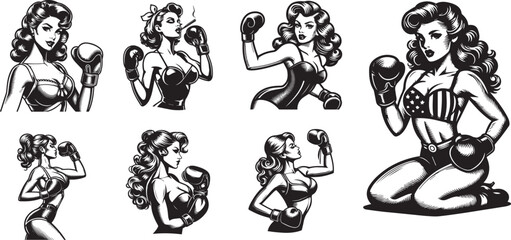 pin up girls in different boxing stances vector set