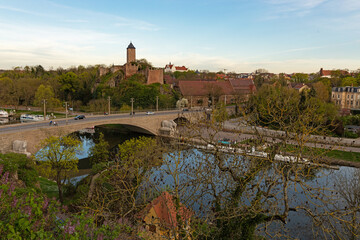 view to old Giebichenstein Castle and Bridge over the river Saale in halle in Saxony-Anhalt in...