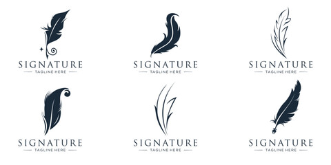 feather pen ink signature symbol. set of abstract signature feather pen logo design template on white background.