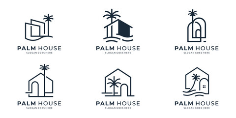 minimalist house with palm tree logo vector, tropical beach home or hotel icon design illustration.