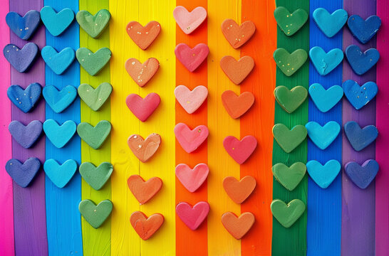 Hearts of colors on a background of the gay pride flag