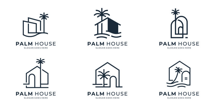 minimalist house with palm tree logo vector, tropical beach home or hotel icon design illustration.