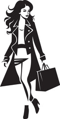 Trendy Tote Icon: Young Woman Emblem Design City Chic Style: Vector Logo of Fashionable Shopper