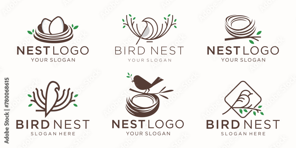 Wall mural set of bird's nest logo with simple roots and leaves symbols.