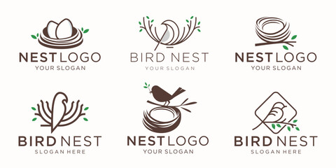 set of bird's nest logo with simple roots and leaves symbols.