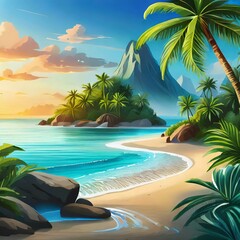 Fototapeta na wymiar Sun-Kissed Shores: Beautiful Illustration of a Tropical Island Retreat